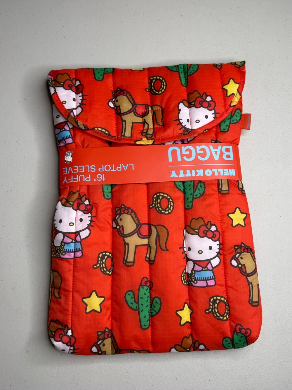 NWT BAGGU Hello Kitty Western 16” Puffy Laptop Sleeve Red Cowboy Sanrio